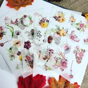 Romantic Fall & Halloween Stickers, Flowers, Gourds, Skulls & Antlers, 6 Sheets